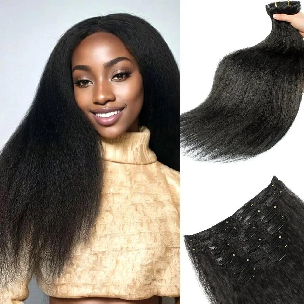 Kinky Straight Clip-In Hair Extensions Protein Fiber 20 Inch Black Women